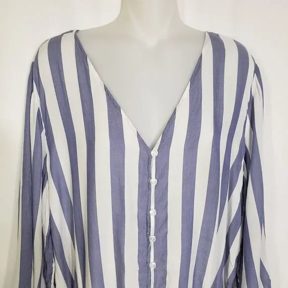Olive + Oak Womens Blouse Size XL Blue White Striped Button Up Tie Elastic Waist - Picture 3 of 10